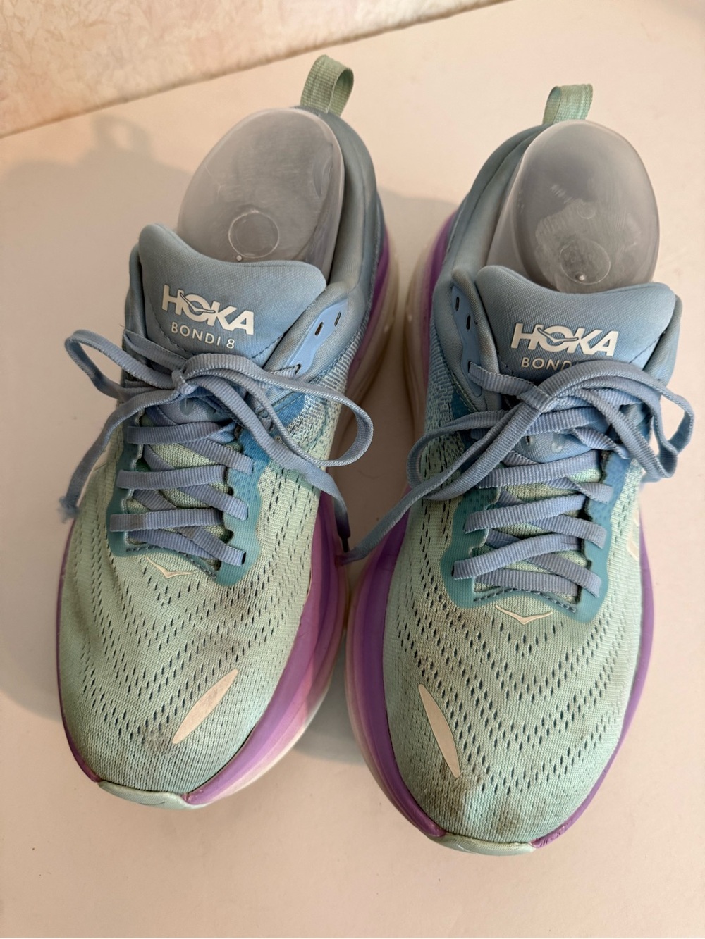 Hoka Bondi 8 Women's Light Blue Mint with Purple Accent Running Shoes 9 D